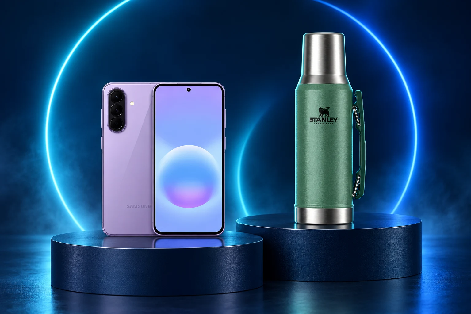 Celular Samsung y termo Stanley exhibidos sobre bases iluminadas con halos azules