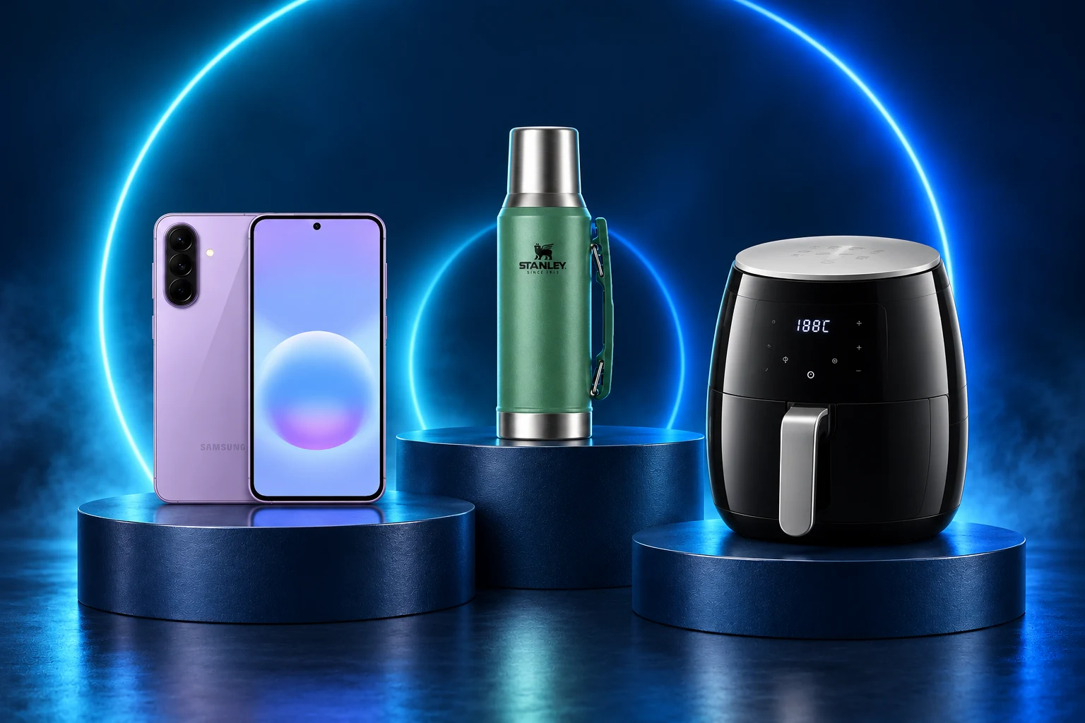 Celular Samsung, termo Stanley y freidora de aire exhibidos sobre bases iluminadas con halos azules